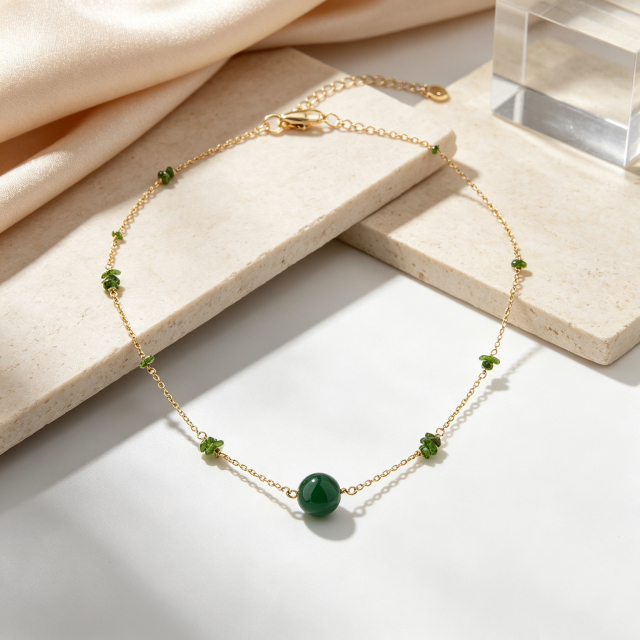 14K Gold Filled Diopside & Green Agate Station Necklace