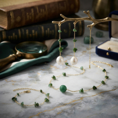 14K Gold Filled Diopside & Pearl Chain Drop Earrings