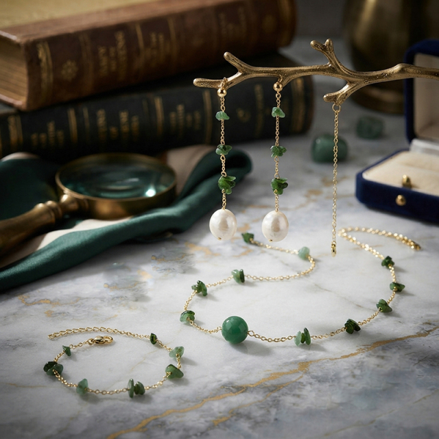 14K Gold Filled Diopside & Pearl Chain Drop Earrings