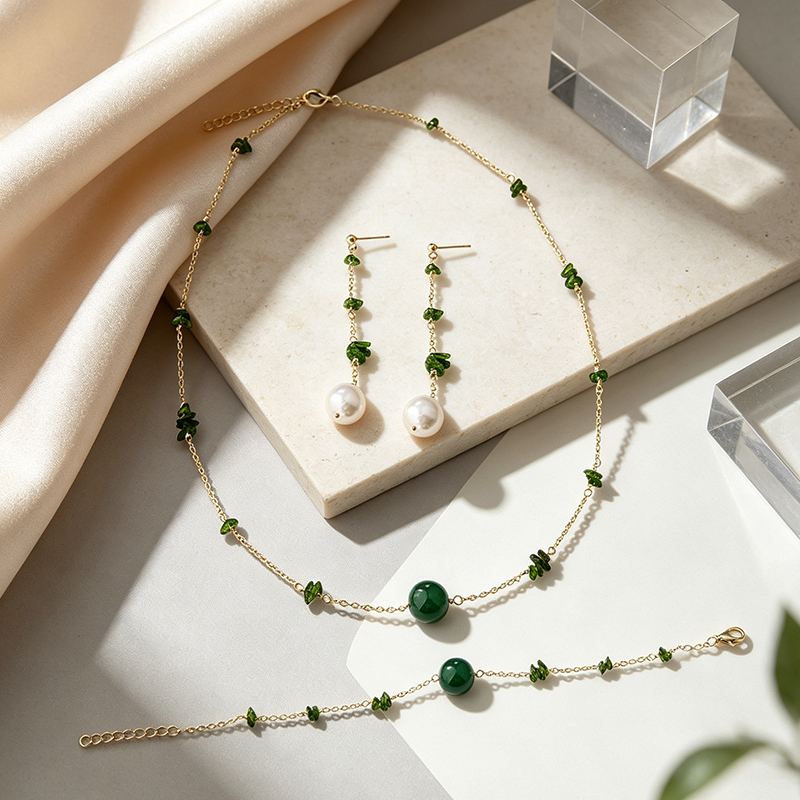 14K Gold Filled Diopside & Pearl Chain Drop Earrings