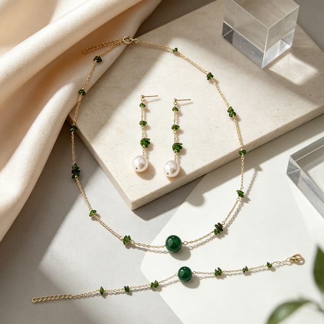 14K Gold Filled Diopside & Pearl Chain Drop Earrings
