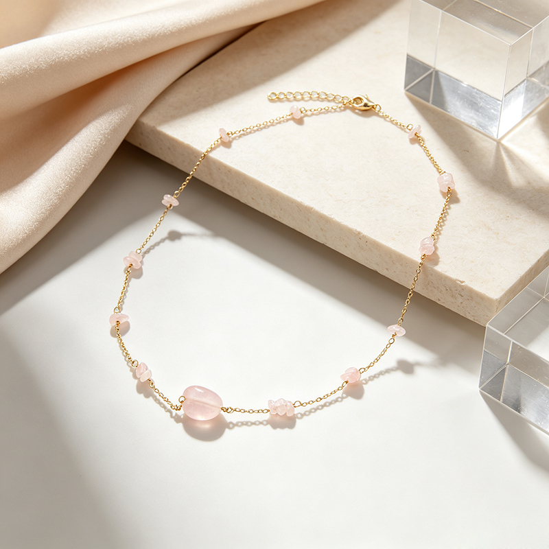 14K Gold Filled Natural Rose Quartz Station Necklace