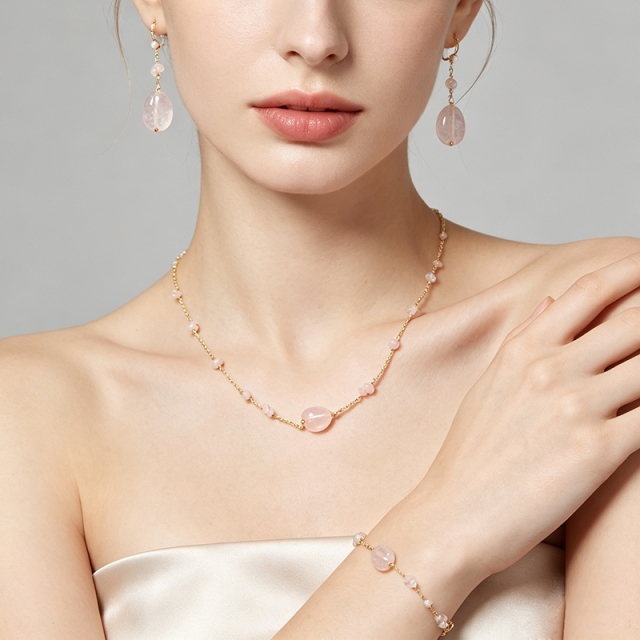 14K Gold Filled Natural Rose Quartz Chain Bracelet