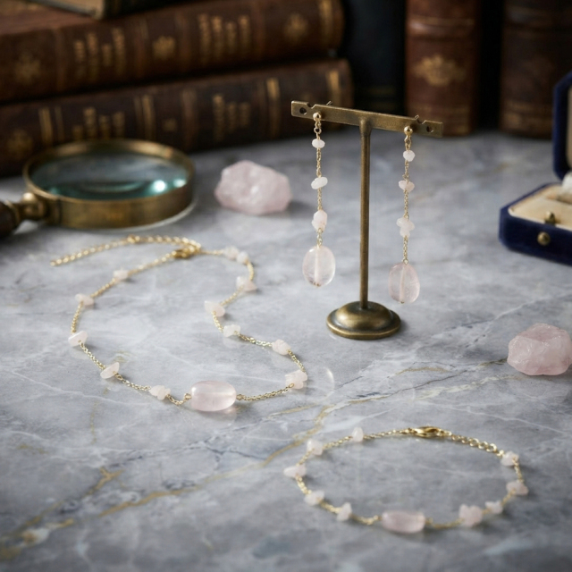 14K Gold Filled Natural Rose Quartz Station Necklace