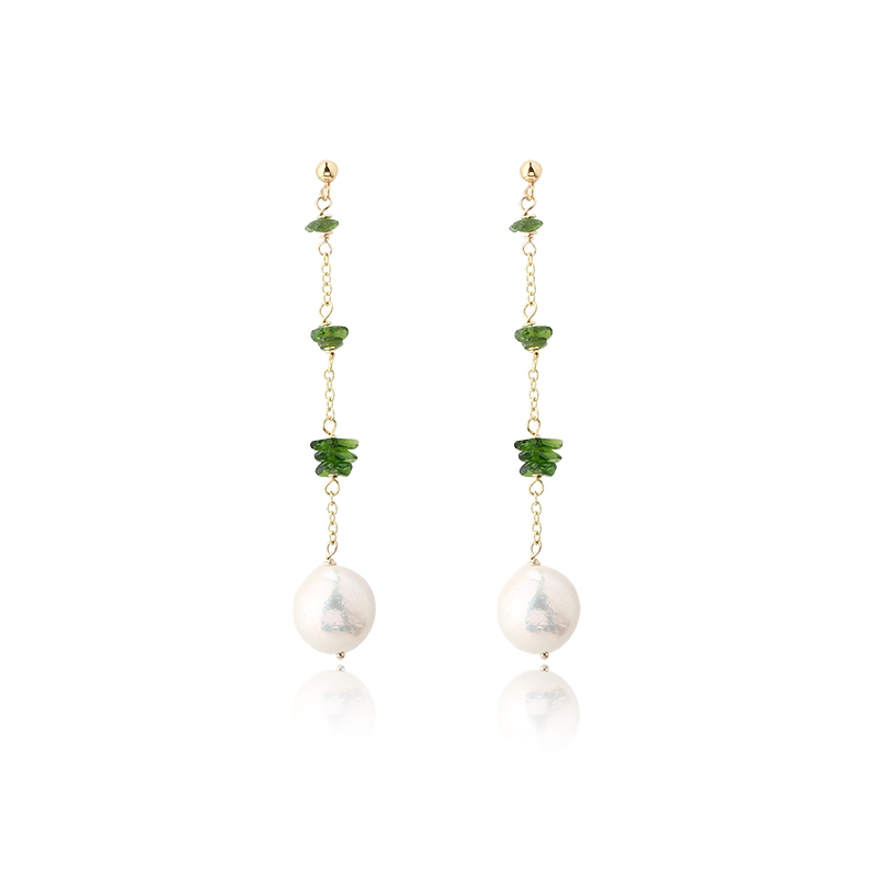 14K Gold Filled Diopside & Pearl Chain Drop Earrings