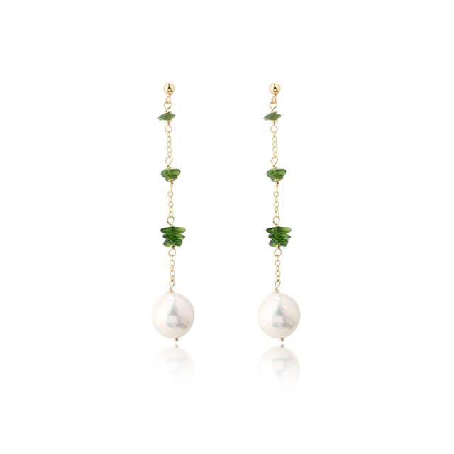 14K Gold Filled Diopside & Pearl Chain Drop Earrings