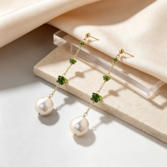 14K Gold Filled Diopside & Pearl Chain Drop Earrings