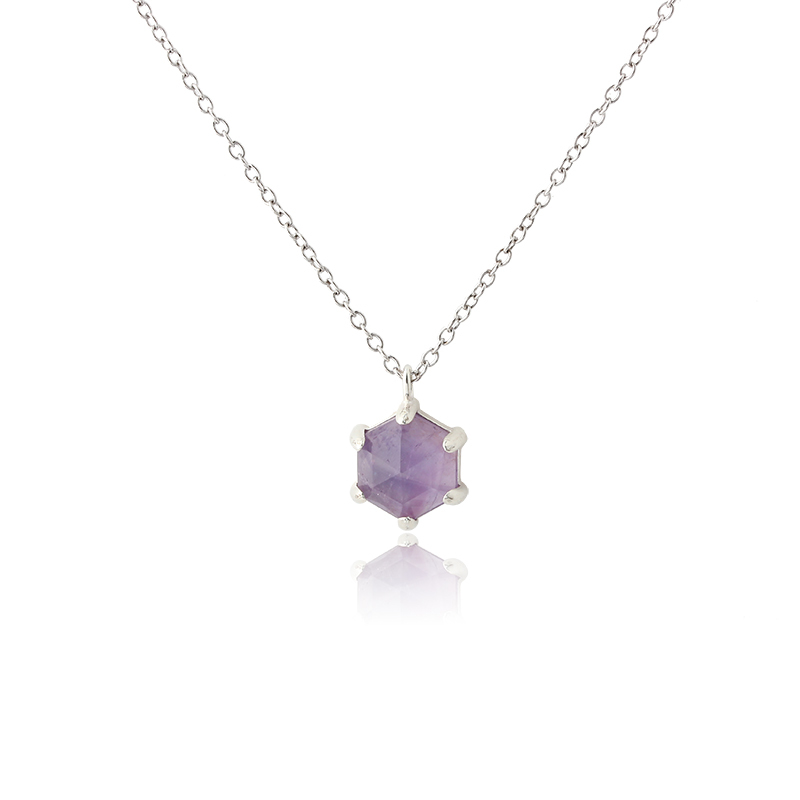 925 Sterling Silver Prong Set Hexagonal Amethyst Pendant Charm