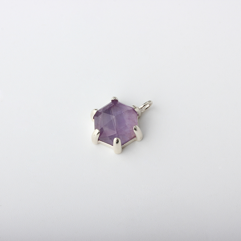 925 Sterling Silver Prong Set Hexagonal Amethyst Pendant Charm