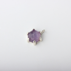 925 Sterling Silver Prong Set Hexagonal Amethyst Pendant Charm