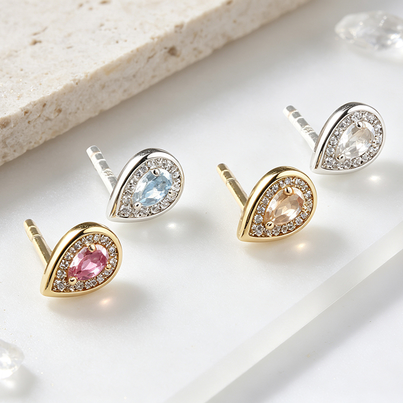 925 Sterling Silver Teardrop Blue Topaz Halo Stud Earrings