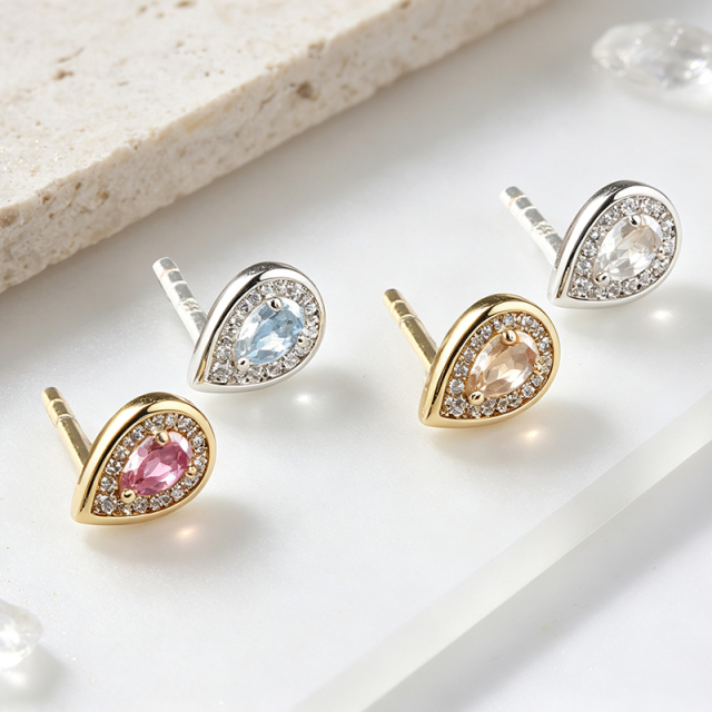 925 Sterling Silver Teardrop Blue Topaz Halo Stud Earrings