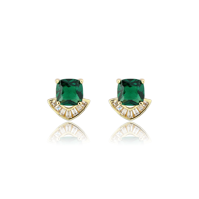 925 Sterling Silver Emerald?Green Square CZ Fan Stud Earrings