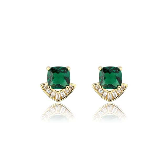 925 Sterling Silver Emerald?Green Square CZ Fan Stud Earrings