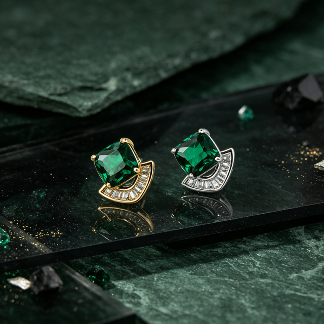 925 Sterling Silver Emerald?Green Square CZ Fan Stud Earrings