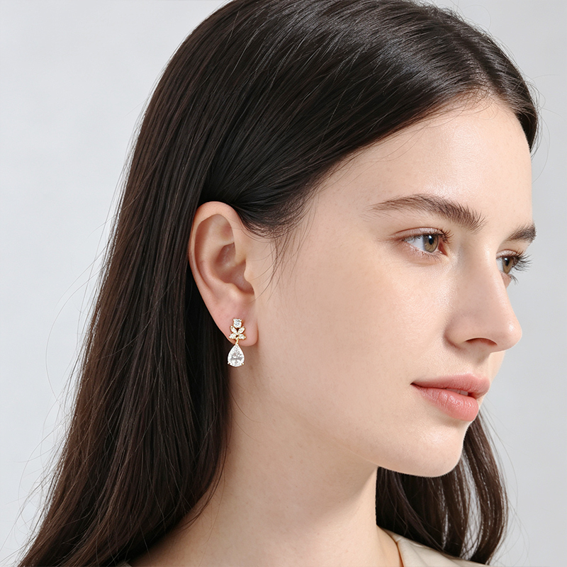 925 Sterling Silver Cluster Top Pear‑Shape CZ Dangle Earrings