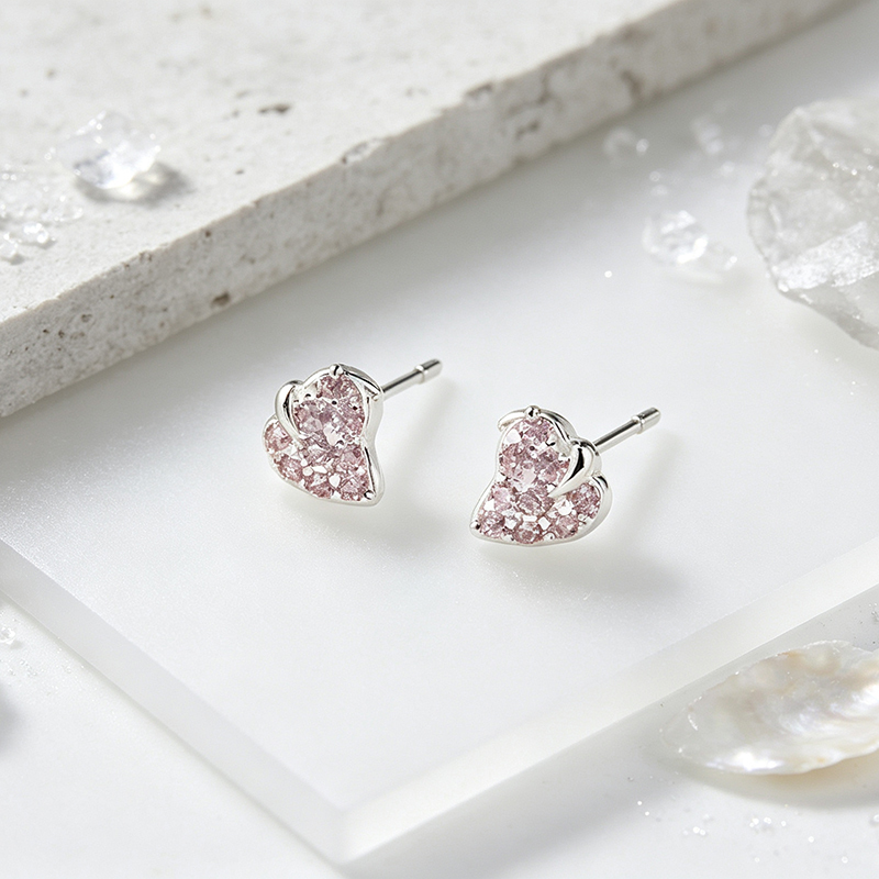 925 Sterling Silver Paved Pink CZ Strawberry Stud Earrings