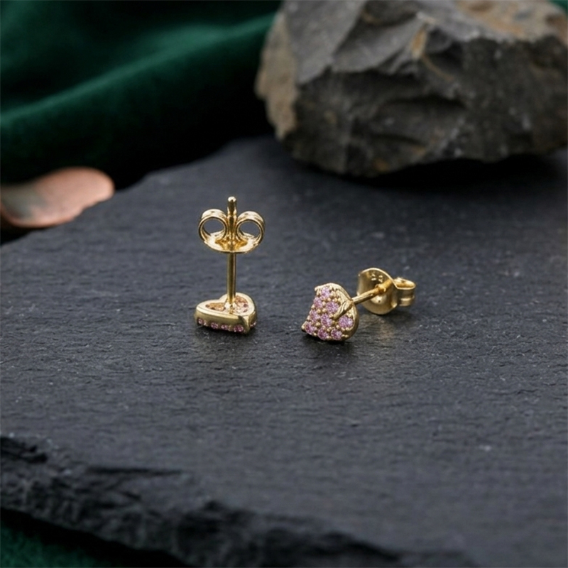 925 Sterling Silver Paved Pink CZ Strawberry Stud Earrings