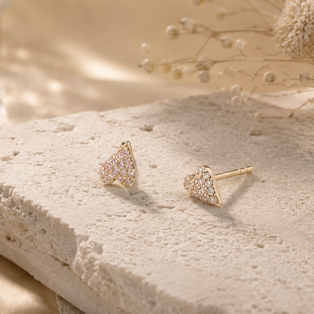 925 Sterling Silver Paved Pink CZ Heart Stud Earrings
