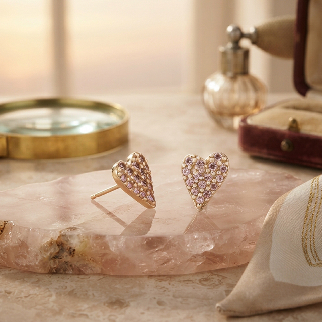 925 Sterling Silver Paved Pink CZ Heart Stud Earrings