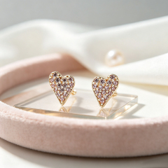 925 Sterling Silver Paved Pink CZ Heart Stud Earrings
