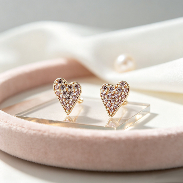 925 Sterling Silver Paved Pink CZ Heart Stud Earrings