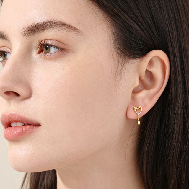 925 Sterling Silver Molten Hollow Heart Drip Stud Earrings