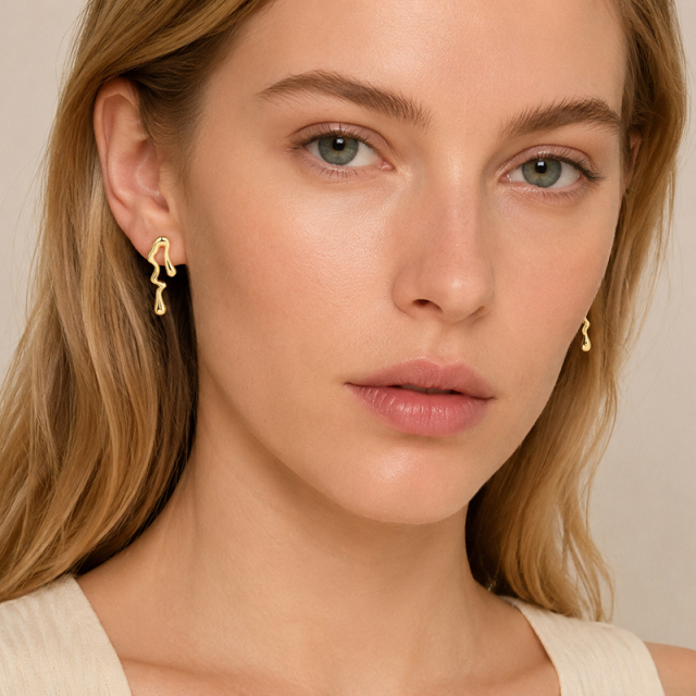 925 Sterling Silver Asymmetrical Molten Wavy Drip Stud Earrings
