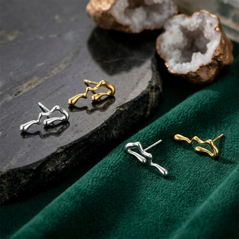925 Sterling Silver Asymmetrical Molten Wavy Drip Stud Earrings