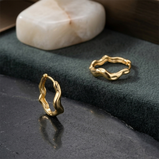 925 Sterling Silver Molten Irregular Huggie Hoop Earrings