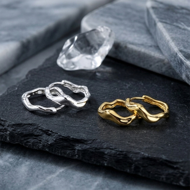 925 Sterling Silver Molten Irregular Huggie Hoop Earrings
