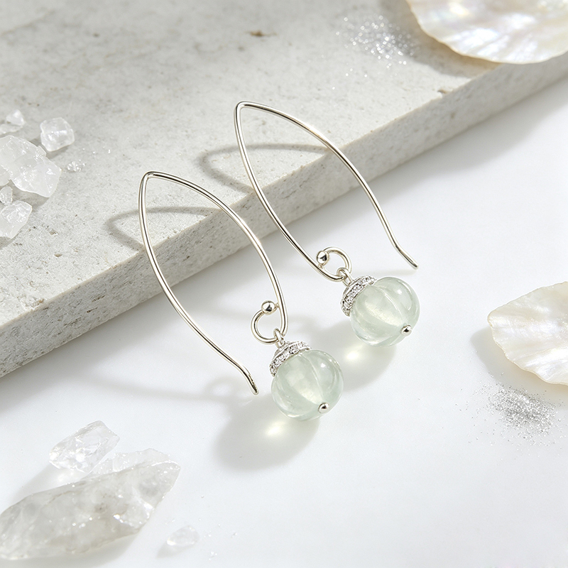925 Sterling Silver Elongated Wire Hoop With Carved White Gemstone Pumpkin Dangle Earrings
