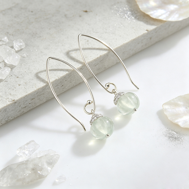 925 Sterling Silver Elongated Wire Hoop With Carved White Gemstone Pumpkin Dangle Earrings
