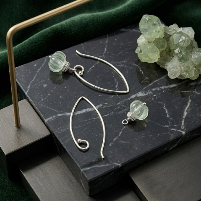 925 Sterling Silver Elongated Wire Hoop With Carved White Gemstone Pumpkin Dangle Earrings