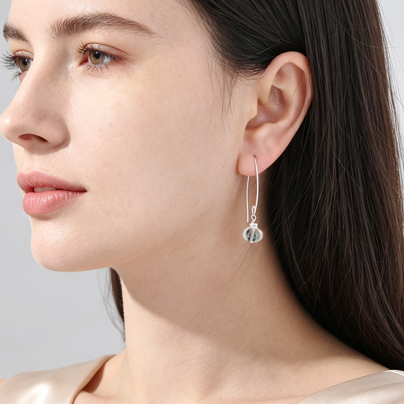925 Sterling Silver Elongated Wire Hoop With Carved White Gemstone Pumpkin Dangle Earrings
