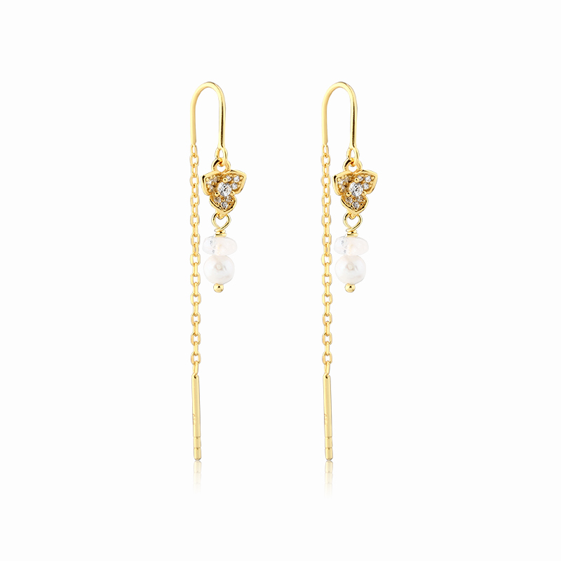 925 Sterling Silver CZ Floral Freshwater Pearl Threader Earrings