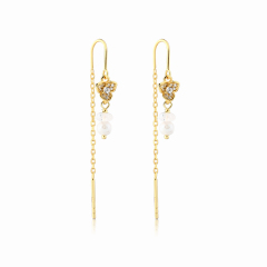 925 Sterling Silver CZ Floral Freshwater Pearl Threader Earrings