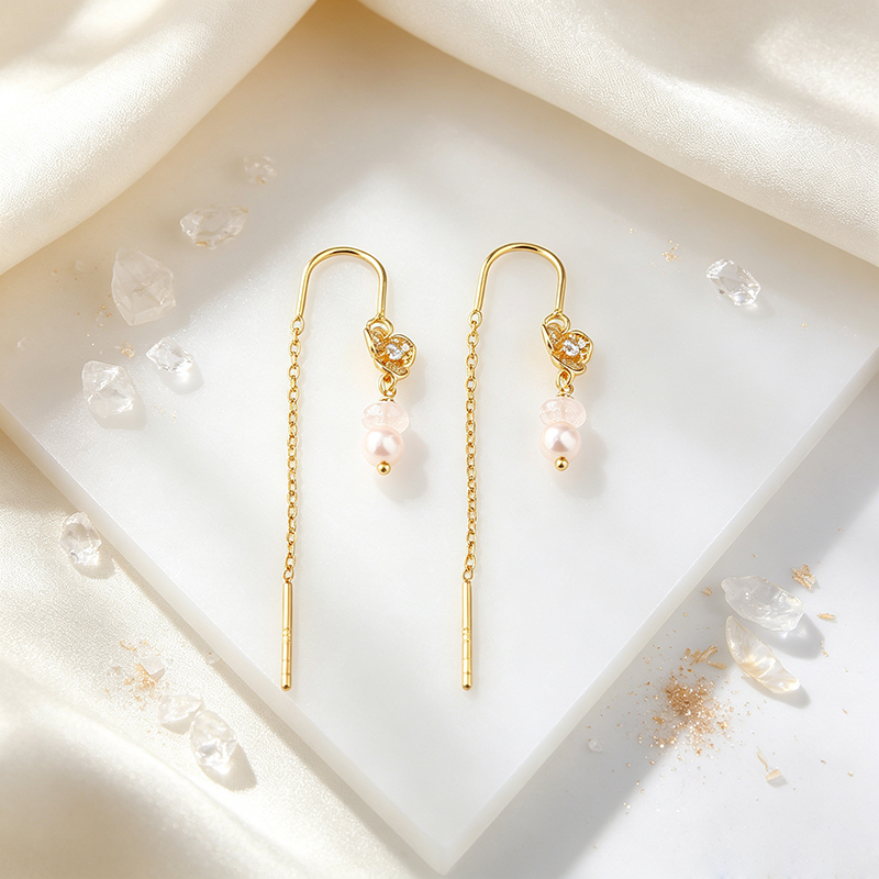 925 Sterling Silver CZ Floral Freshwater Pearl Threader Earrings