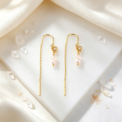 925 Sterling Silver CZ Floral Freshwater Pearl Threader Earrings