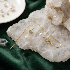 925 Sterling Silver CZ Floral Freshwater Pearl Threader Earrings