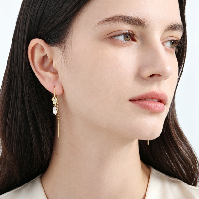 925 Sterling Silver CZ Floral Freshwater Pearl Threader Earrings
