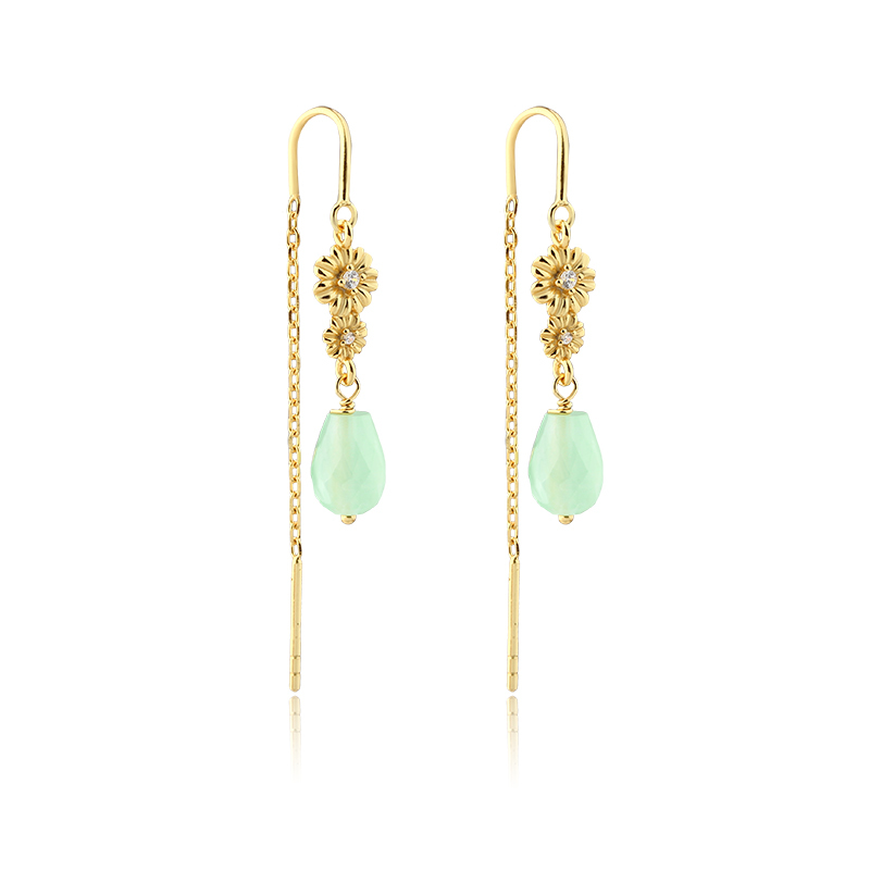 925 Sterling Silver CZ Daisy Green Gemstone Threader Earrings