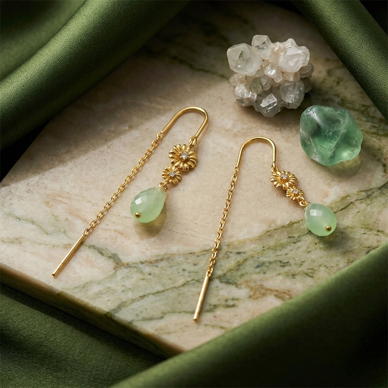 925 Sterling Silver CZ Daisy Green Gemstone Threader Earrings
