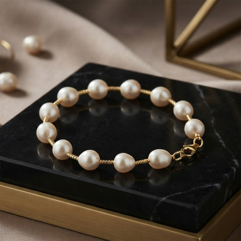 925 Sterling Silver Freshwater Pearl Beaded Bracelet