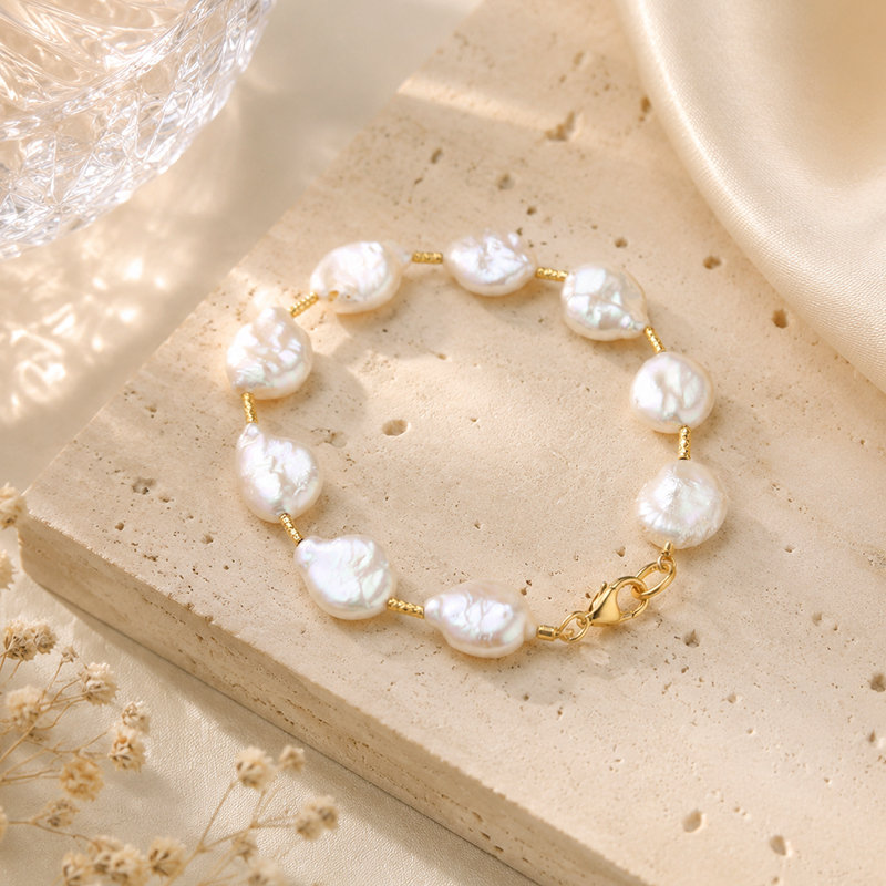 925 Sterling Silver Baroque Pearl Beaded Bracelet