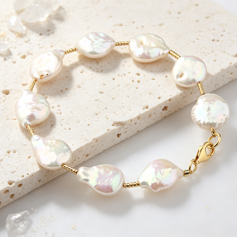 925 Sterling Silver Baroque Pearl Beaded Bracelet