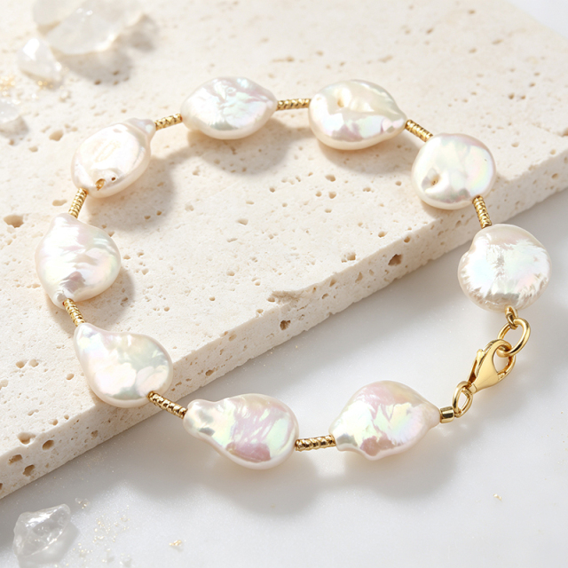 925 Sterling Silver Baroque Pearl Beaded Bracelet