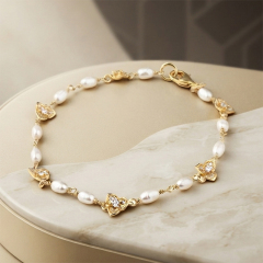 925 Sterling Silver CZ Clover Freshwater Pearl Bracelet