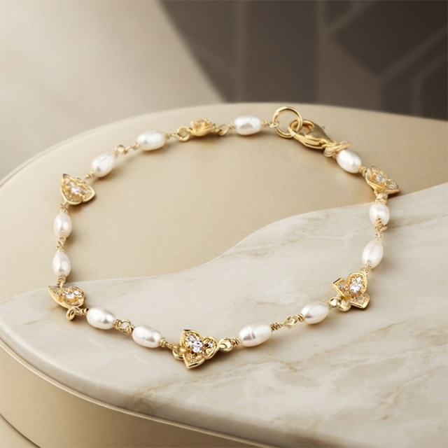 925 Sterling Silver CZ Clover Freshwater Pearl Bracelet