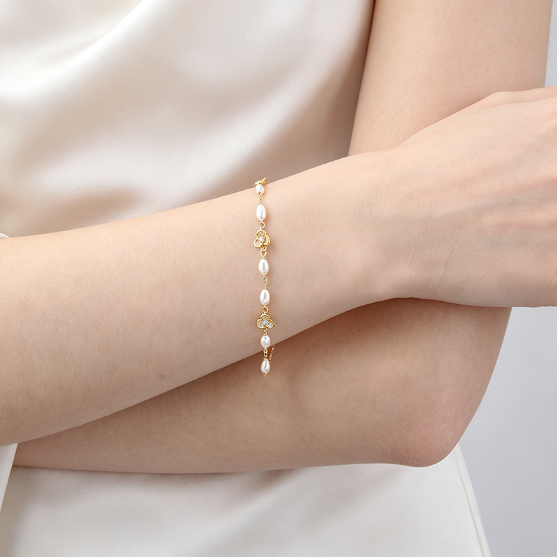 925 Sterling Silver CZ Clover Freshwater Pearl Bracelet
